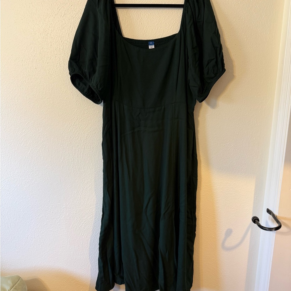 Old Navy Dark Green Square-Neck Midi Dress with Puff Sleeves POCKETS 💚